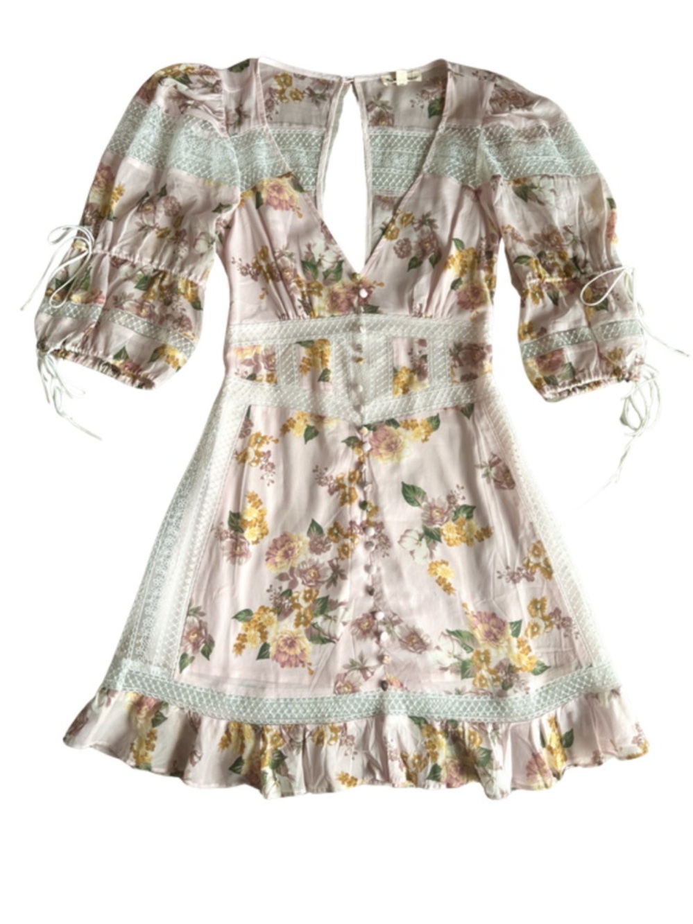 For Love & Lemons Silk Floral Mini Dress - Lace, Buttons, Puff Sleeves - XS